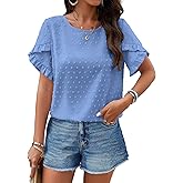 PRETTYGARDEN Women's Tops 2026 Summer Ruffle Short Sleeve Crewneck Blouses Swiss Dots Solid Loose Tunics Work Shirts
