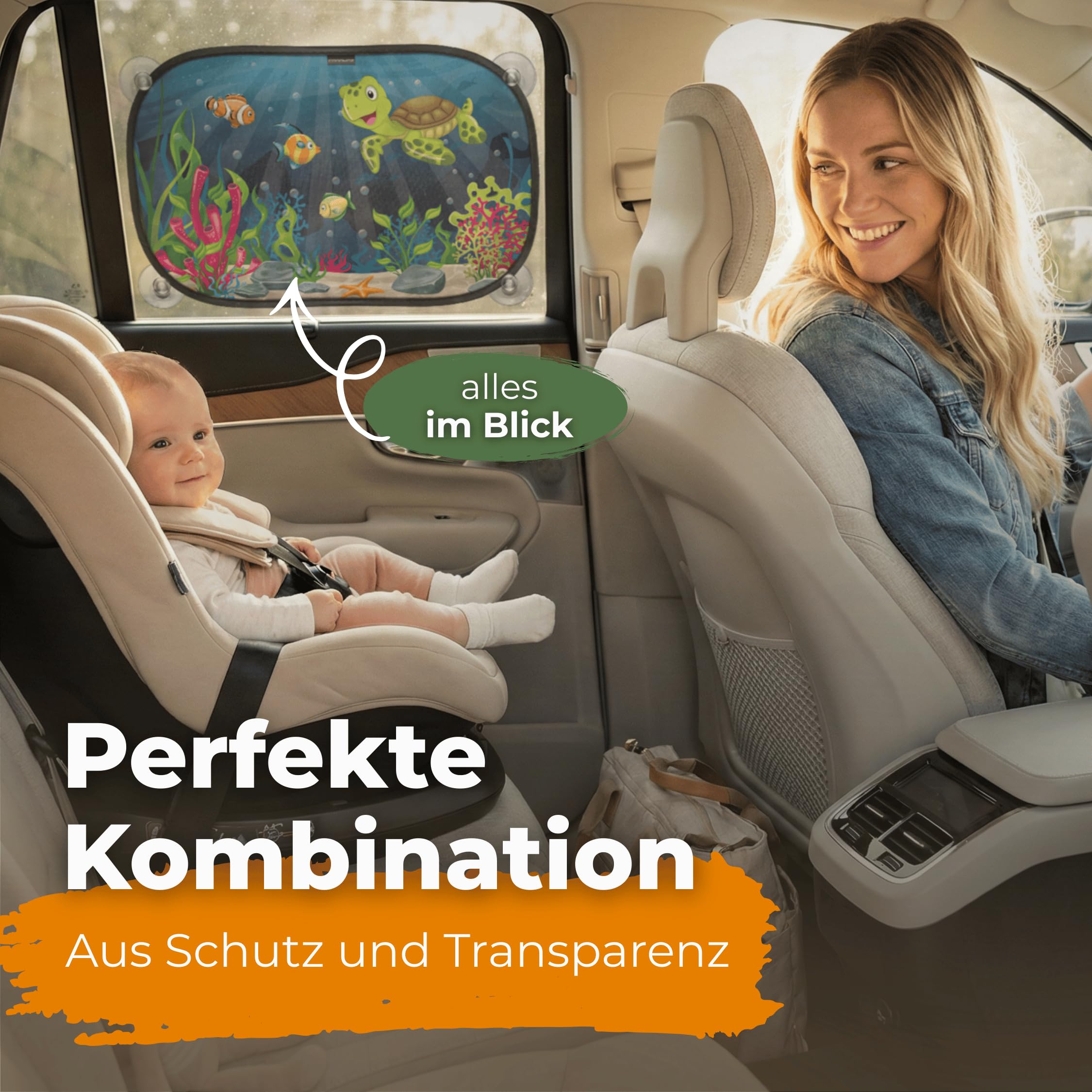 CARAMAZ Sonnenschutz Auto Baby mit zertifiziertem UV Schutz, universell passend 48 x 30 cm, 2 Stück Sonnenblende, mit Saugnäpfen, Motiv: Grün-Turtle 4