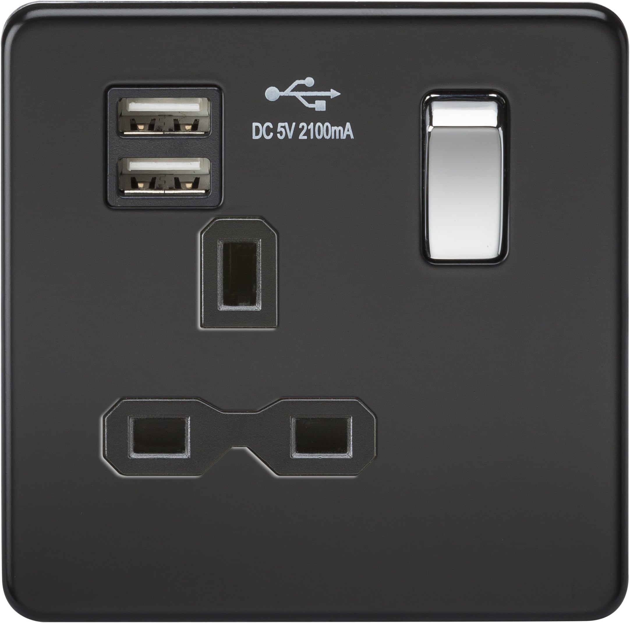 Knightsbridge SFR9901MB Screwless 13A 1G Switched Socket with Dual USB Charger-Matt Black W/Chrome Rocker