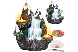 MOUGIGI Unique Snowscape Incense Burner Waterfall – Relaxing Home Decor and Meditation Gift with 2 Tea Candles, 100 Backflow Incense Cones, and 30 Incense Sticks – Smoke Backflow TryWaterfall