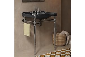 Yayzy 28” Bathroom Vanity with Black Ceramic Sink, Wall-Mounted Console Style, Silver-Finish Stainless Steel Legs & Towel Bar, 3 Faucet Holes, No Faucet