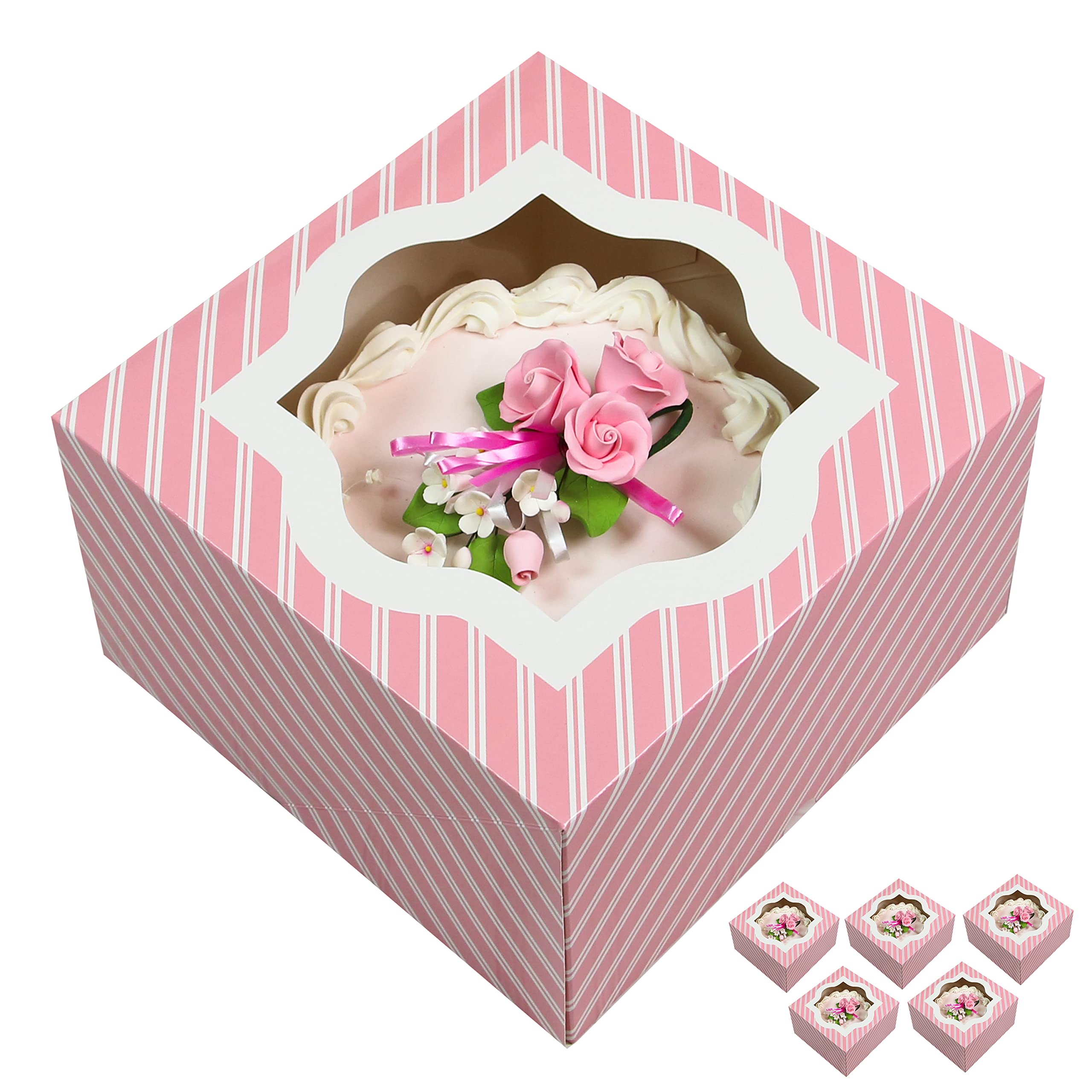 Auto-Popup Extra Deep Square Cake Box with Window Pink Striped 12