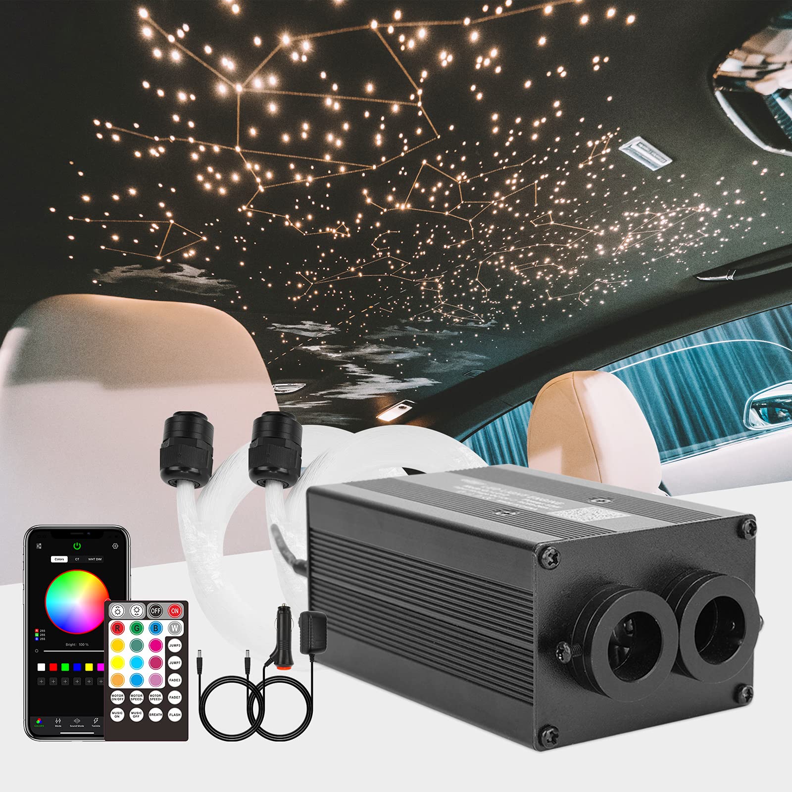 CHINLY Bluetooth 12W RGBW Twinkle LED Fiber Optic Star Ceiling Lights Kit APP/Remote Control Mixed 135pcs*0.75mm+10pcs*1.0mm+3pcs*1.5mm for Home/Car