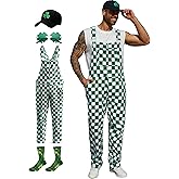 YXLUOKY St Patricks Day Overalls Men Irish Jumpsuit,Green Sunglasses,Shamrock Hat,Socks,4 Pcs Festival Outfits
