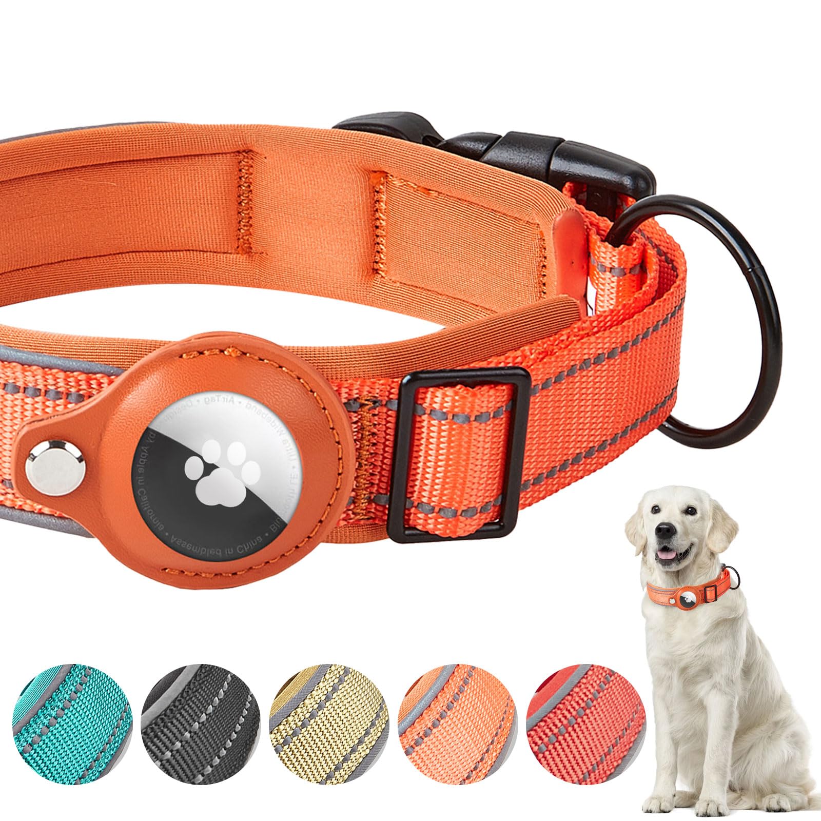 Boloshine Airtag Dog Collar, Adjustable Reflective Nylon Dog Collar, with Quick Release Buckle and Holder for Apple Air Tag, Durable Anti-lost Dog Collars for Small Medium Large Dogs (Orange, M)