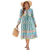 R.Vivimos Women's Long Sleeve Floral Print Retro V Neck Tassel Bohemian Midi Dresses