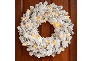 KOIUEYW Flocked Christmas Wreath with Lights,24 Inch Artificial Pre-Lit Christmas Wreaths for Front Door, Porch, Entryway, Outdoor Holiday Decorations, with Snow Flocked