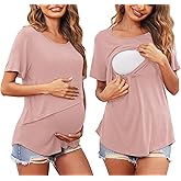 Ekouaer Women Short Sleeve Nursing Shirts Soft Maternity Tops Double Layer Breastfeeding Blouse Round Neck Pregnancy Clothes