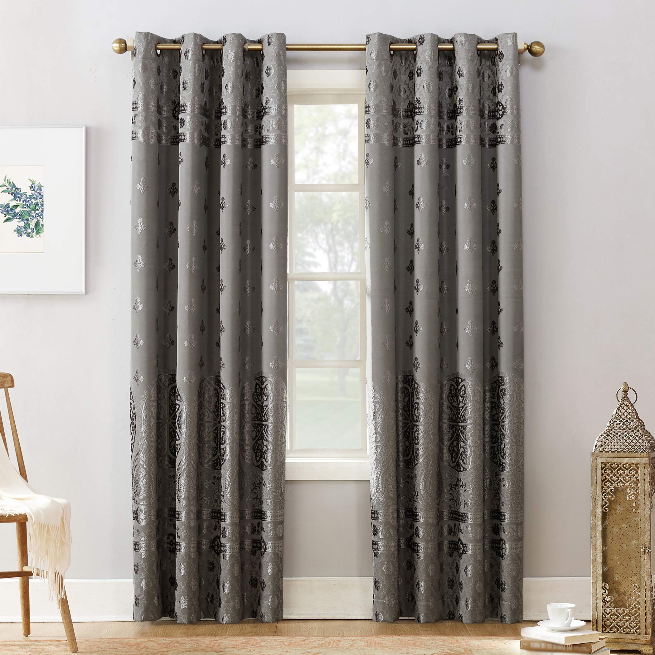 Sun Zero Elidah Medallion Bonded Velvet Thermal Extreme Total Blackout Grommet Curtain Panel, 50" x 84", Gray
