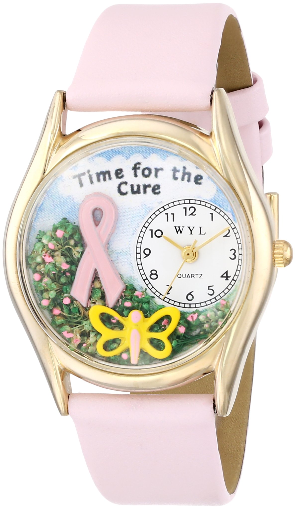 Whimsical Watches Time for the Cure Pink Leather and Goldtone Unisex Quartz Watch with White Dial Analogue Display and Multicolour Leather Strap C-1110002
