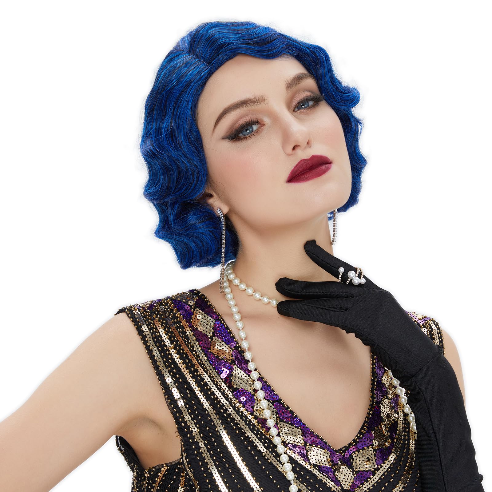 Finger Wave 1920s Wig Short Curly Fancy Dress for Women Cosplay Party 70s Costume (Dark Blue)
