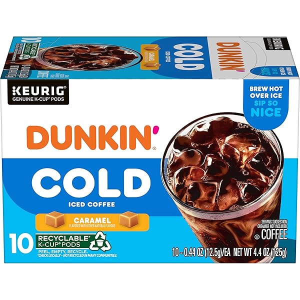 DUNKIN’ COLD ICED COFFEE, CARAMEL ARTIFICIALLY FLAVORED KEURIG K-CUP PODS, 10 COUNT BOX
