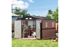 Panovue 10X12 FT Outdoor Metal Storage Shed with Lockable Doors & 2 Windows, Storage Shed Large for Patio Storage, Garbage Can, Chicken Coop(Wood Panels & Frame Floor Not Included)