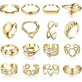 HAIAISO 16 Pcs Chunky Rings Set for Women Non Tarnish 18K Gold Plated Chunky Rings Adjustable Stackable Thick Dome Ring Pack