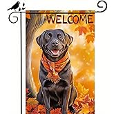 BlissYard Thanksgiving Fall Garden Flag 12x18 Inch Welcome Black Labrador Retriever Dog Outdoor Flag Double Sided Autumn Yard Banner with Orange Scarf and Leaves Decor for Porch Lawn Patio