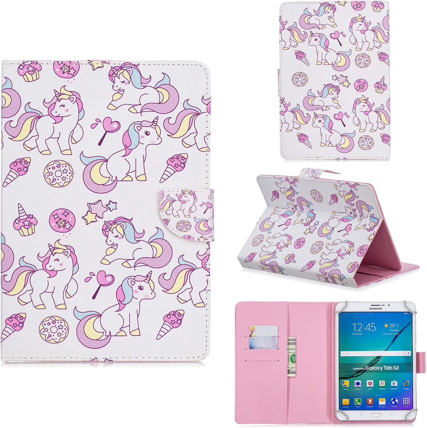 UGOcase Universal 7.5"-8.5" Tablet Case, PU Leather Protective Folio Stand Cards Pocket Wallet Case for Fire HD 8, iPad Mini, Galaxy Tab A 8.0", Lenovo, iOS Android 8 Inch Tablet, Unicorns