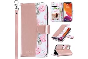 ULAK Compatible with iPhone 12 Wallet Case for Women, Premium PU Leather iPhone 12 Pro Flip Cover with Card Holder, Wrist Strap, Kickstand Shockproof Phone Case for iPhone 12/12 Pro 6.1, Rose Flower