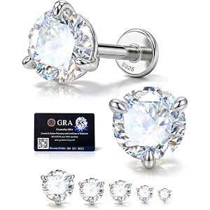 Jewseen 14K White Gold Plated Moissanite Helix Tragus Conch Stud Earring | 16G 6mm Nose Lip Ring GRA Certified D Color VVS1 C