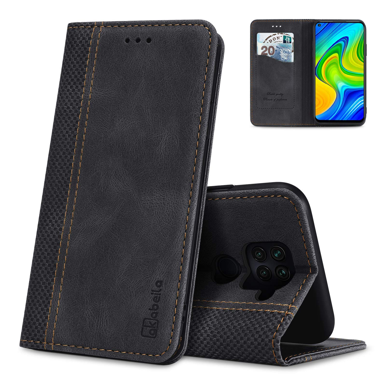 AKABEILA Case for Xiaomi Redmi Note 9 PU Leather Flip Wallet Case with Magnetic Closure Kickstand Card Slots Folio Phone Case Cover Shockproof Black