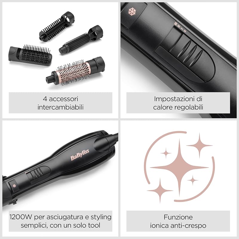 Smooth Finish 1200 – Spazzola ad Aria Calda 4-in-1 per Asciugare, Lisciare, Modellare e Dare Volume, Tecnologia Ionica & Ceramica, 4 Accessori, 1200W, Nero/Rosa, AS122E