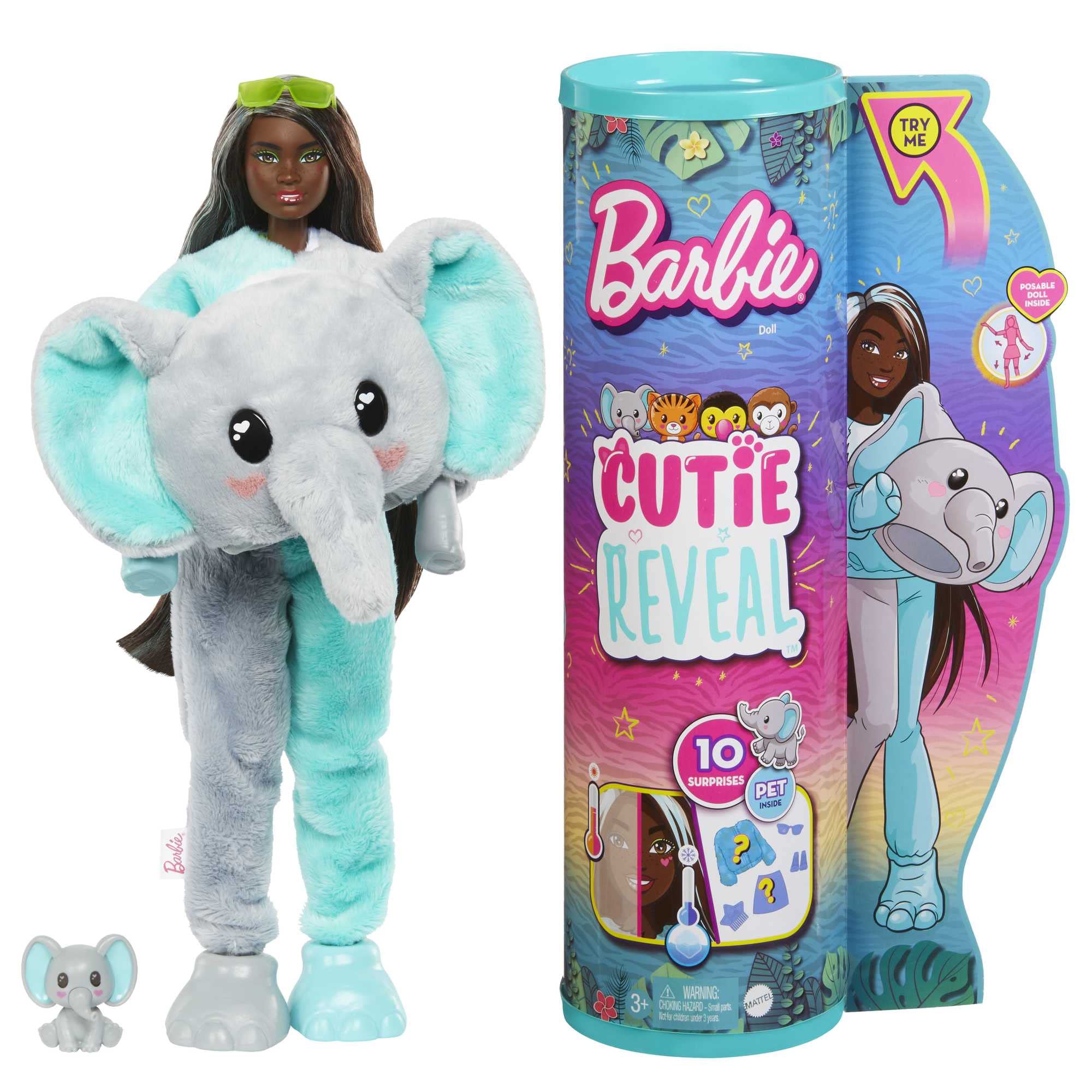 ​Barbie Dolls and Accessories, Cutie Reveal Doll with Elephant Plush Costume & 10 Surprises Including Color Change, Jungle Series