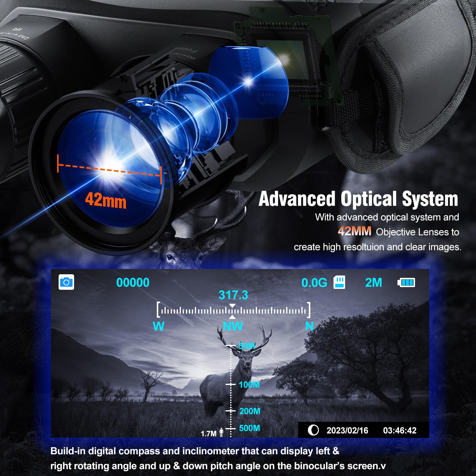 Nachtsichtgeräte,Dowesyeen Nachtsichtgerät 7000mAh Ricaricable Wiederaufladbare, 5 X 42MM Digitalzoom Nachtsicht 800M,4 Stufen IR Fernglas mit Nachtsicht für Jagd/Outdoor