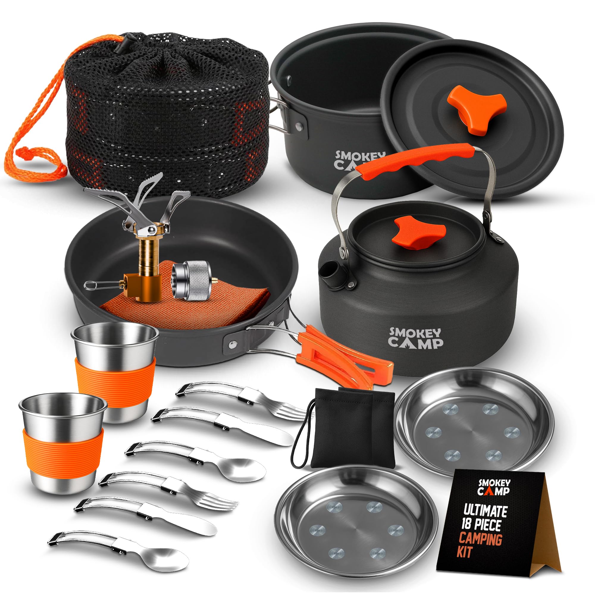 Photo 1 of 18 Pcs Smokey Camp Backpacking Cooking Set with Stove & Adapter - Pot, Pan, Kettle, Stove, Cutlery, Compact Camping Cookware Mess Kit, All in One Non-Stick Camping Cooking Set, Hiking, Picnic