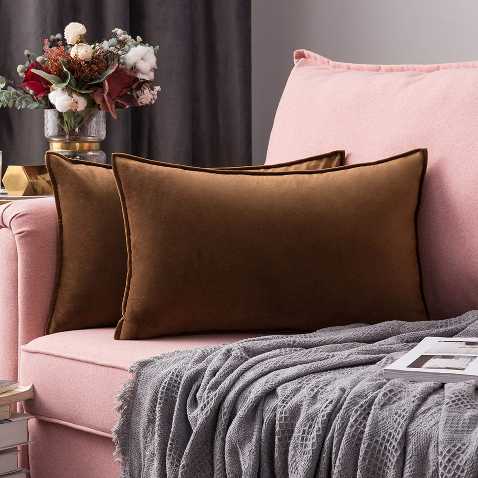 MIULEE Pack of 2 Velvet Soft Decorative Square Throw Pillow Case Flanges Cushion Covers Pillowcases for Livingroom Sofa Bedroom with Invisible Zipper 16x24 inch 40x60 cm Chocolat