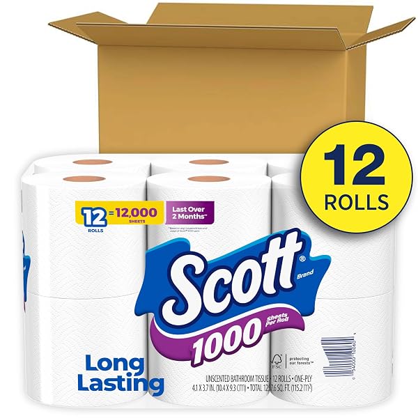 SCOTT 1000 SHEETS PER ROLL, 12 TOILET PAPER ROLLS, BATH TISSUE