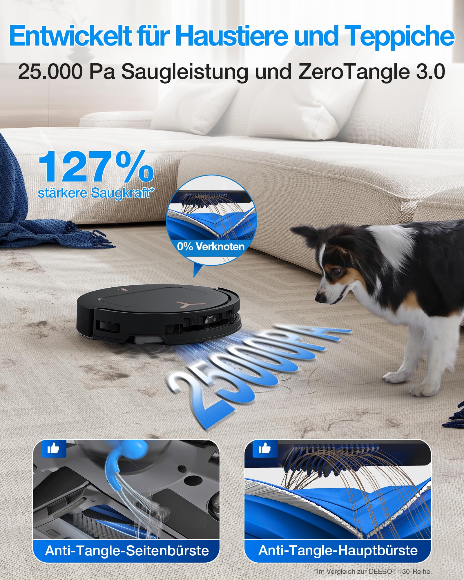 ECOVACS DEEBOT T50 PRO Omni Gen3 Saugroboter mit Wischfunktion, 25.000 Pa, AIVI 3D 3.0, autom. Zugabe v. Reinigungslösung, Reinigung des Mopps bei 75°C, Heißlufttrocknung, 81 mm, Glanzschwarz 2