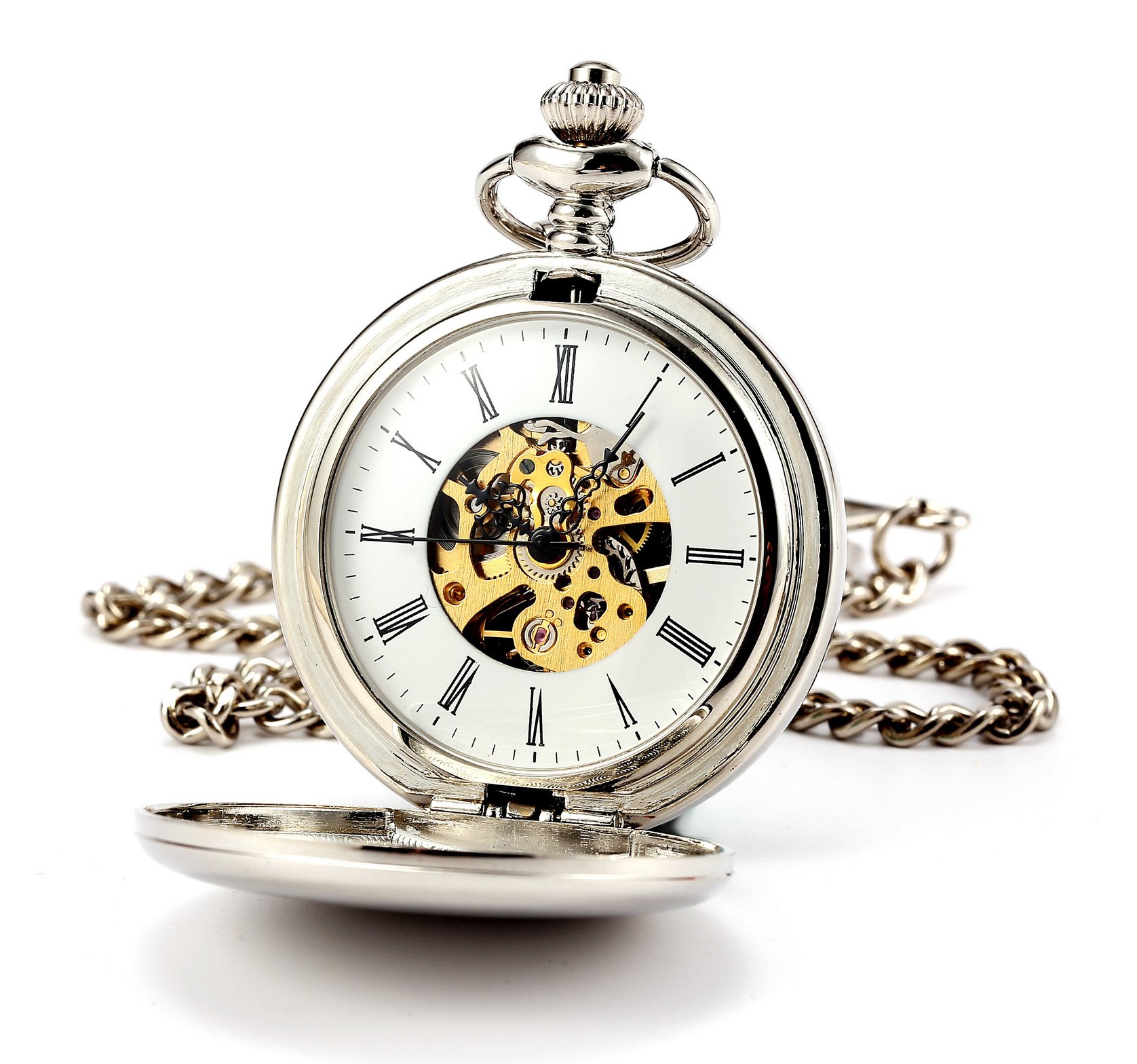 ManChDa Pocket watc - Classic Mechanical Steampunk Skeleton Pocket Watch with Chain for Men Women Silver Smooth Case