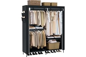 CASAMAYA Clothes Rack, Portable Closet, 54.7 Inch Large Capacity Wardrobe Closet with Cover, Clothes Storage Organizer with Shelves and 3 Hanging Rods, Easy to Assembly, Black PCT122B01
