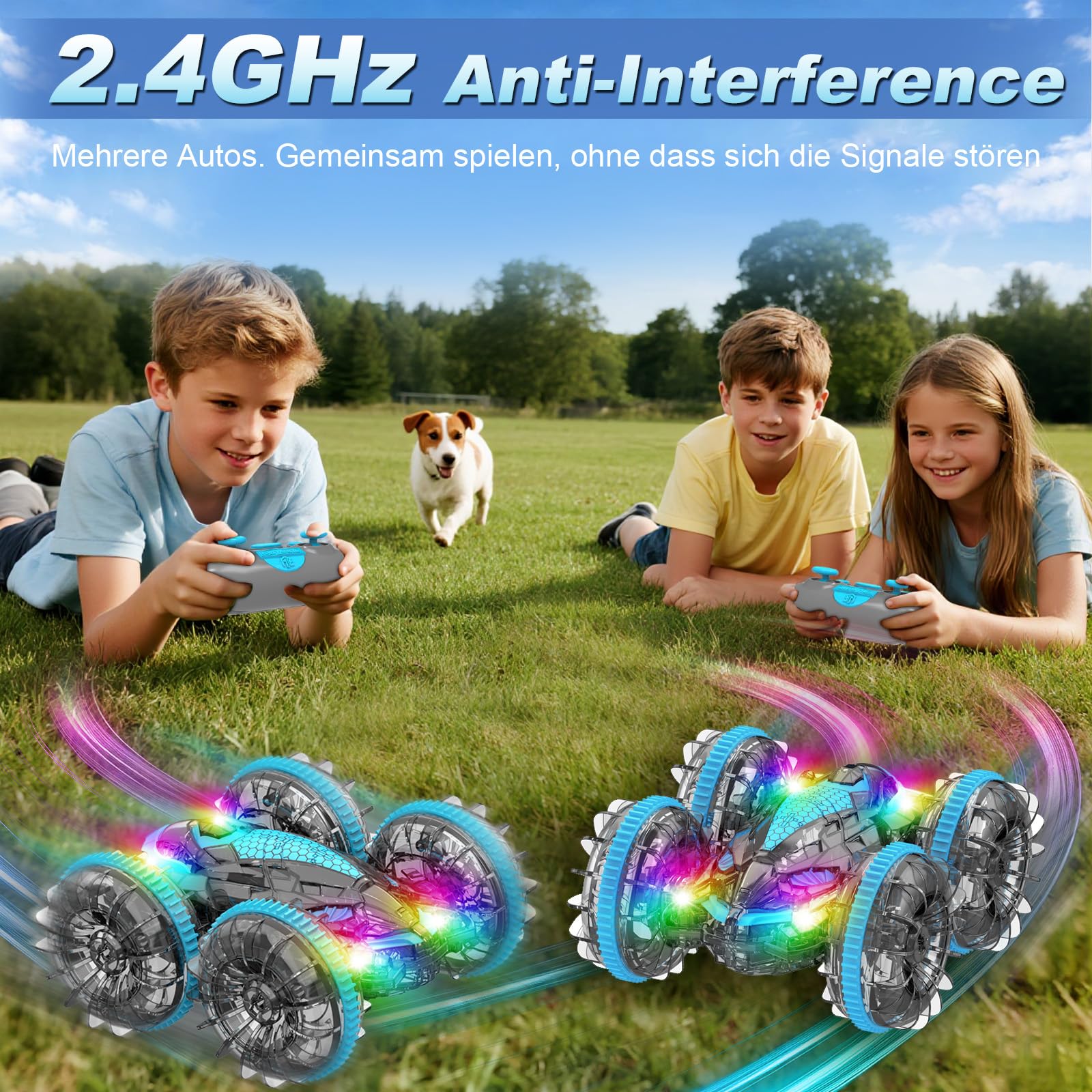 MidiVix Amphibienfahrzeug Ferngesteuertes Auto, 90 Min Spielzeit, 2.4GHz Double-Sided Stunt RC Auto Car mit LED Licht, 4WD 360° Drehung, Pool & Outdoor Spielzeug Geschenke für Kinder 6-12 Blaugrau 4