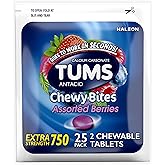 TUMS Chewy Bites Chewable Antacid Tablets for Heartburn Relief, Assorted Berries – 25-2cts