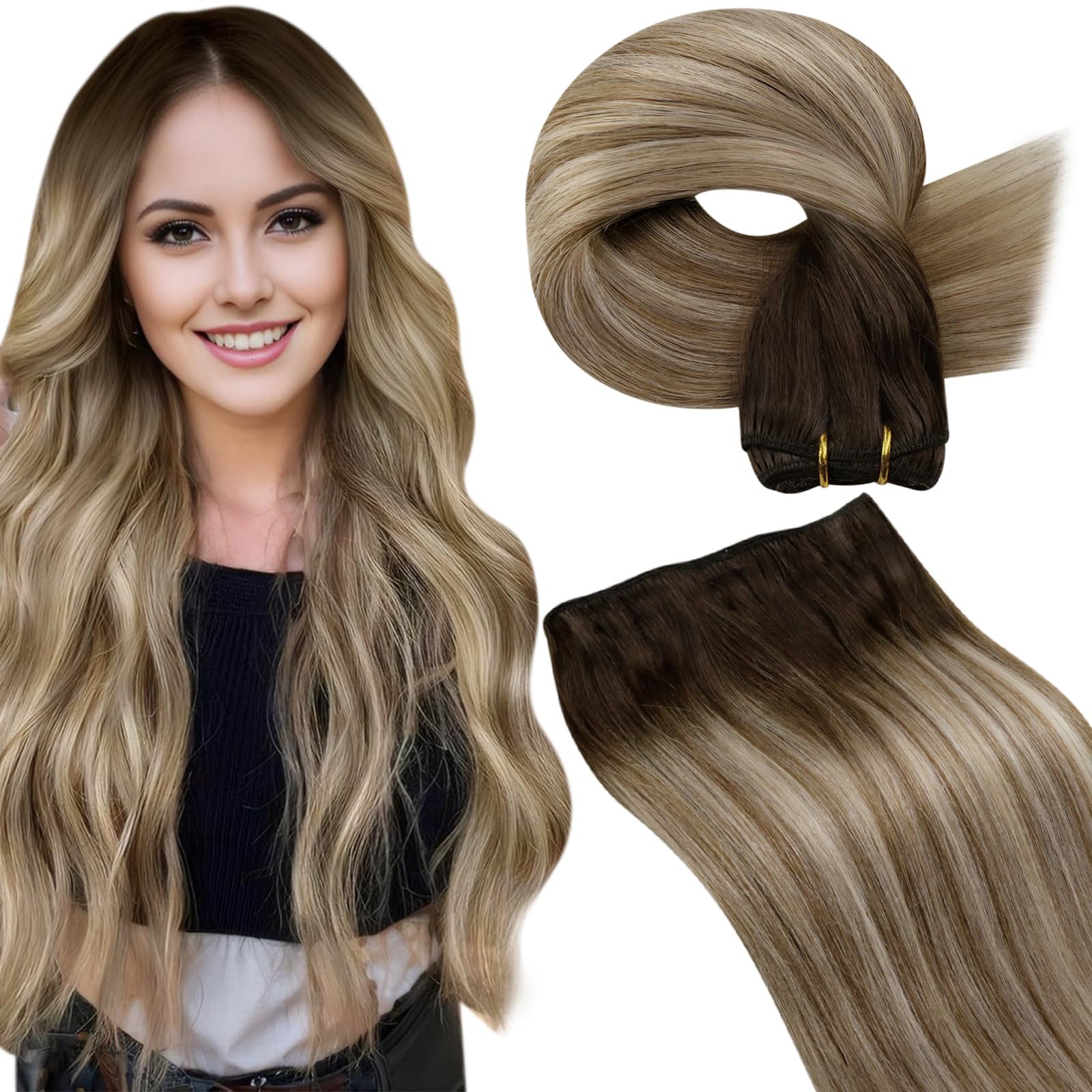 LaaVoo Weft Hair Extensions Real Human Hair 16 Inch 100g Brown Sew in Hair Extensions Full Head Straight Balayage Brown to Blonde Remy Invisible Double Weft Weave #3/8/24