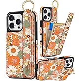 Petitian for iPhone 16 Pro Max Case Wallet - Women Girls Cute Girly Aesthetic Unique Design Leather Credit Card Holder Cardholder Stand Wristband for iPhone 16 Pro Max, Orange Floral