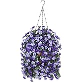 Ammyoo Artificial Flowers in Hanging Basket for Outdoors Spring Decor, Fake Mums Flowers Faux Plants with Basket for Indoors Home Porch Garden Yard Patio Decoration (Deep Purple)