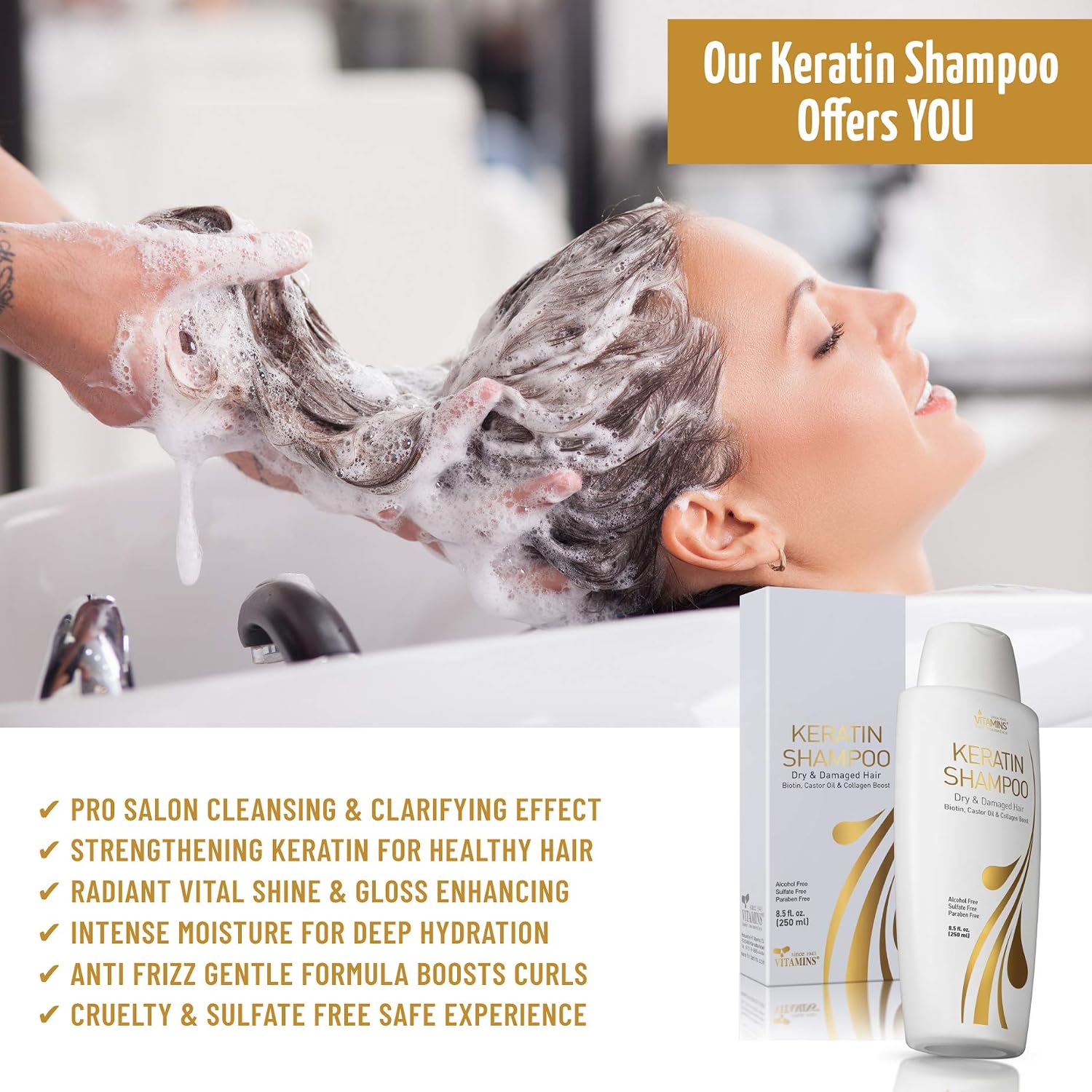 VITAMINS hair cosmetics Keratin Shampoo for Dry Hair, Paraben & Sulfate Free Shampoo for Damaged Hair with Biotin & Collagen - Image 5