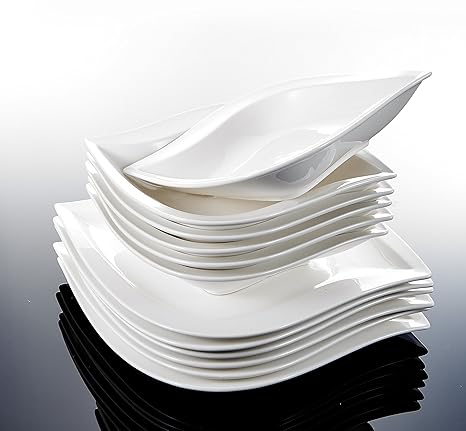 MALACASA, Serie Elvira, Cremeweiß Porzellan Tafelservice 12 TLG. Kombiservice Set Geschirrset mit Speiseteller und Suppentell