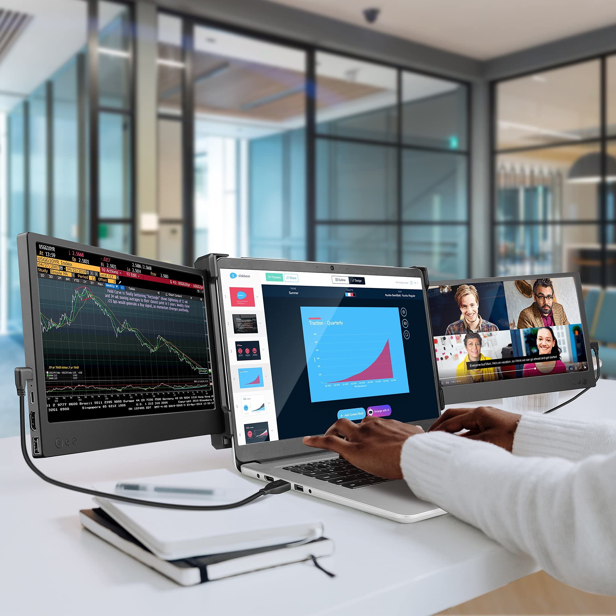 WESTHOD Laptop Screen Extender, 12'' Portable Monitor for Laptop FHD IPS Triple Monitor Display, HDMI/USB-A/Type-C Plug-Play Tri-Screen for Windows, Chrome, Mac and Switch, Work with 13”-16” Laptops