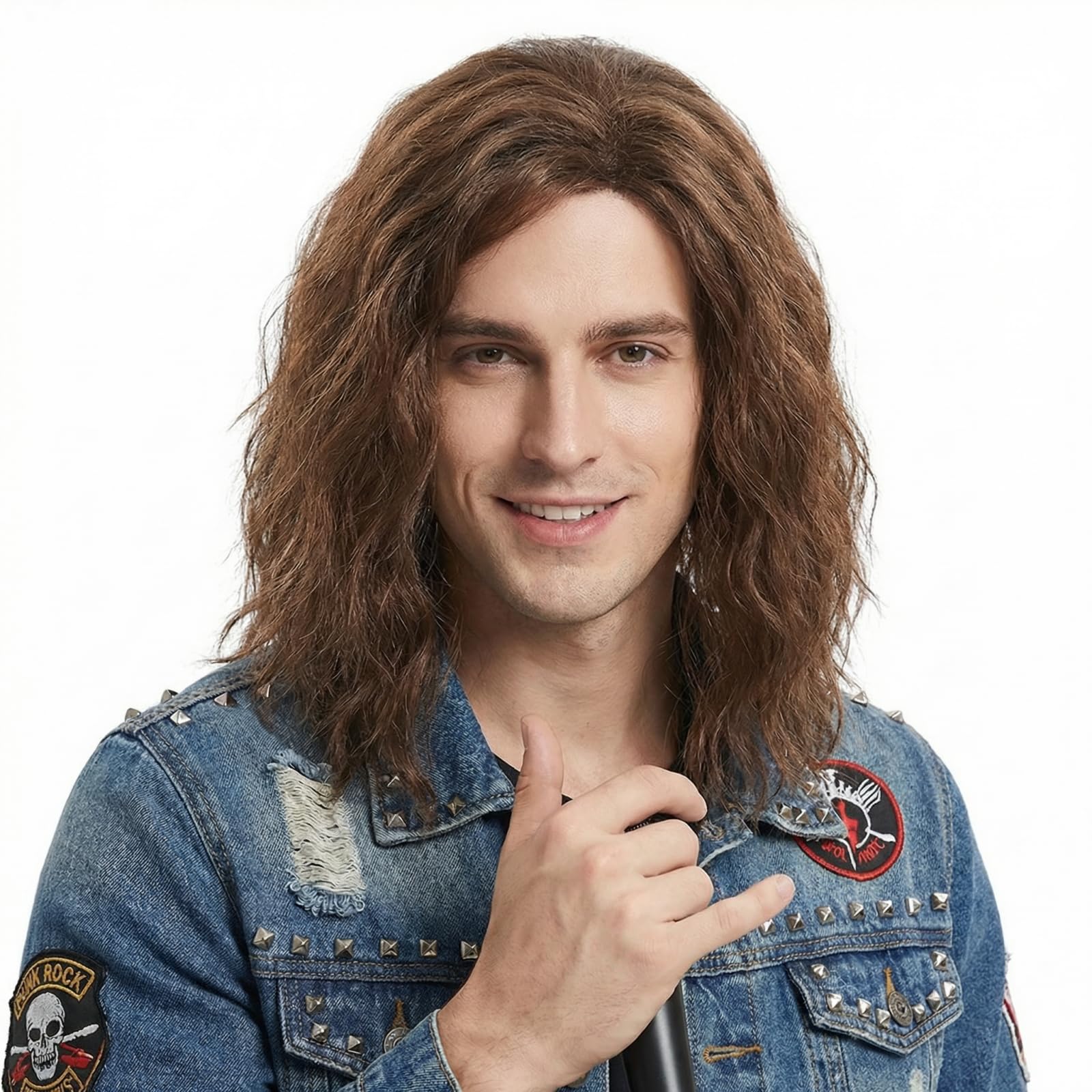 REEWES Men Wigs Long Men Wigs Curly Wave Layered Hair With Cap Flame Redartant Synthetic Hair Wig Natural Hair Wig For Male Daily Costume Cosplay