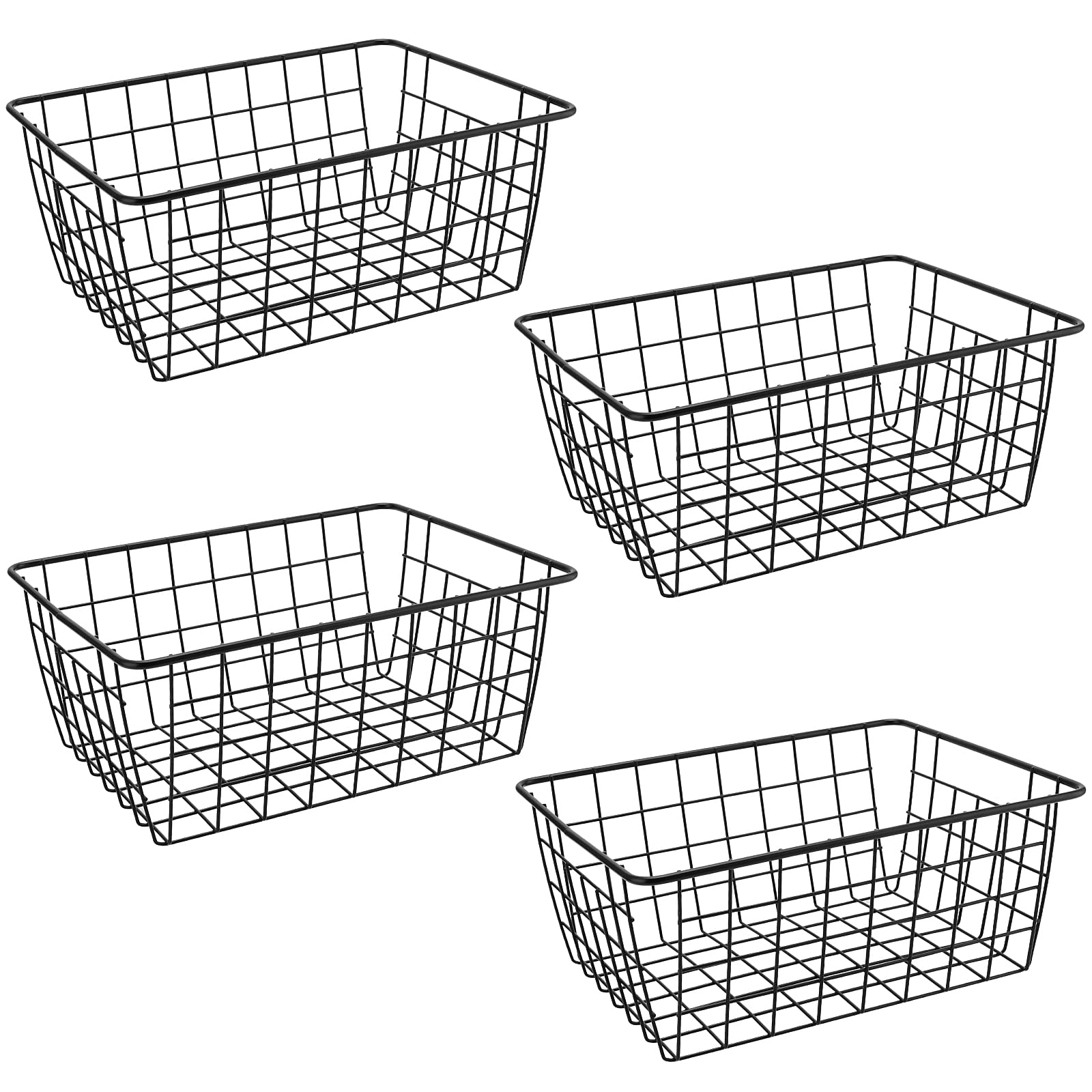MUKLEI 4 Pack Black Wire Storage Baskets, 28 x 22 x 12cm Metal Wire Storage Baskets, Wire Organizer Bins, Pantry Storage Basket for Bathroom, Fridge, Office, Freezer, Cabinet, Shelf