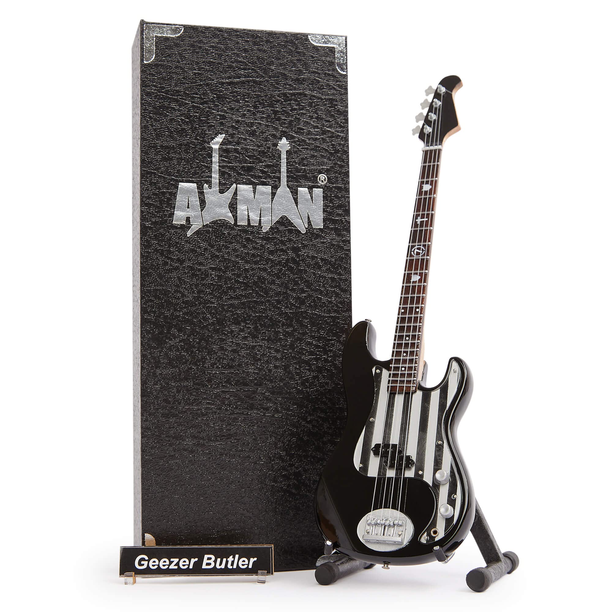 Geezer Butler (B Sabbath) Lakland Signature Bass - Miniature Guitar Replica - Music Gifts - Handmade Ornamental 1/4 Scale - Includes a Display Box, Name Tag and Miniature Guitar Stand