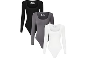 Chongbaijia 3 Piece Women's Square Neck Long Sleeve Bodysuit T shirts Body Suit Tops
