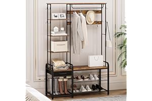 Hzuaneri Hall Tree, Coat Rack with 3-Tier Storage Bench and 1 Drawer, 5-in-1 Entryway Bench with 17 Hooks, 1 Hanging Rod, 4-T