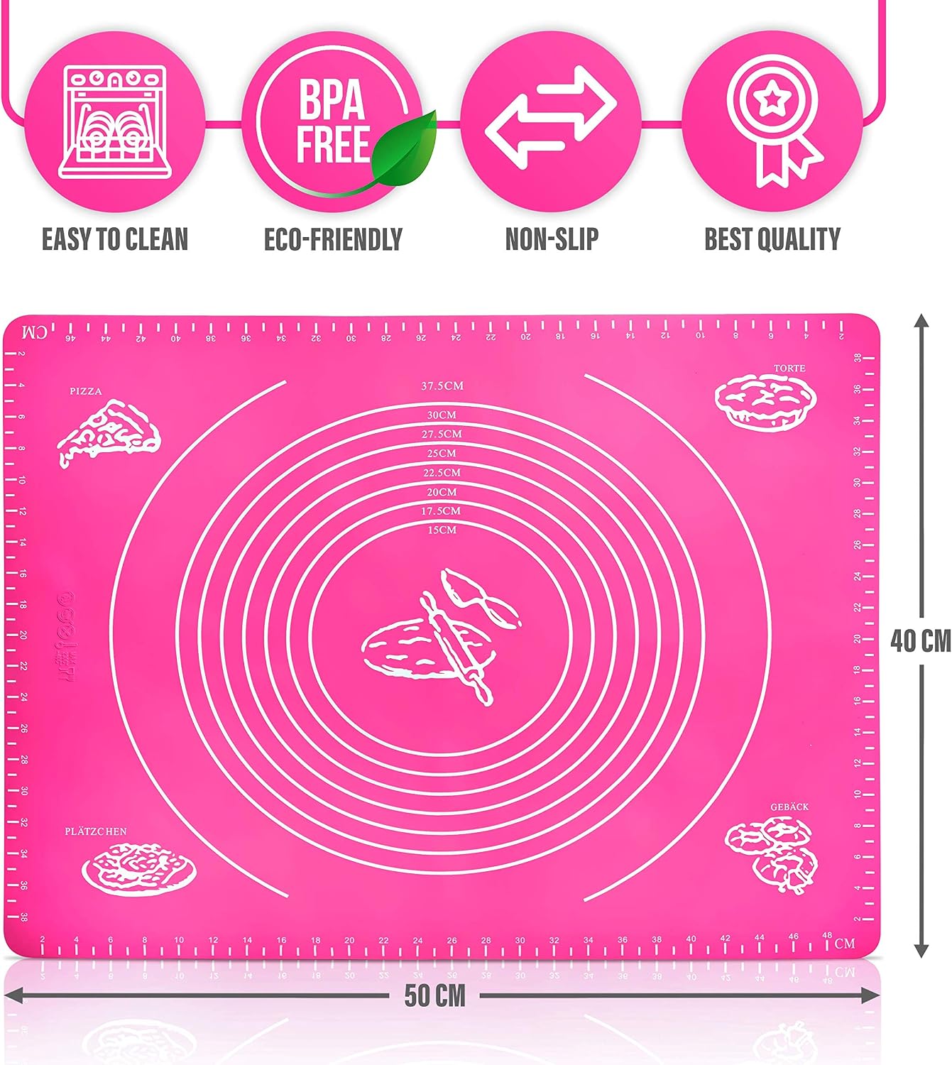 Belmalia Large Dough Mat, Silicone Rolling Mat, Heat Resistant, Baking Mat for Pizza Fondant, Baking, Kitchen 50x40cm Pink - Image 4