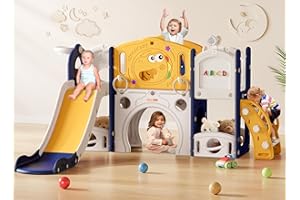 CoziBB 9 in 1 Toddler Slide, Toddler Playset New Upgrade with Slide, Drawing Board, Basketball Hoop, Telescope and Storage Space, Outdoor Indoor Playground for Toddlers (Yellow Blue)
