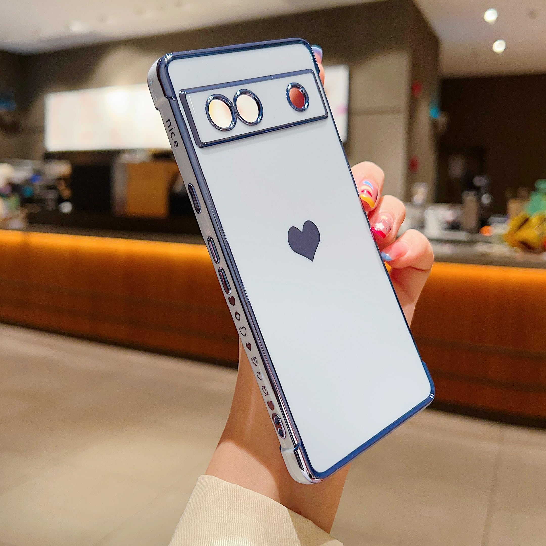 LSOUGUK Compatible with Google Pixel 7a Case,Love Heart Pattern Electroplated Design Soft TPU Shockproof Protective Phone Case Full Camera Lens Protection Cover for Google Pixel 7A-Blue