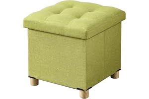 BRIAN & DANY Foldable Storage Ottoman Footrest and Seat Cube with Wooden Feet and Lid, Fruit Green 15” x15” x14.7”