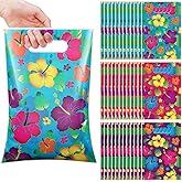 Pasimy 120 Pcs Luau Party Favor Bags Hawaiian Gift Tropical Floral Plastic Bags Tiki Luau Treat Supplies with Die Cut Handle for Hawaiian Aloha Party